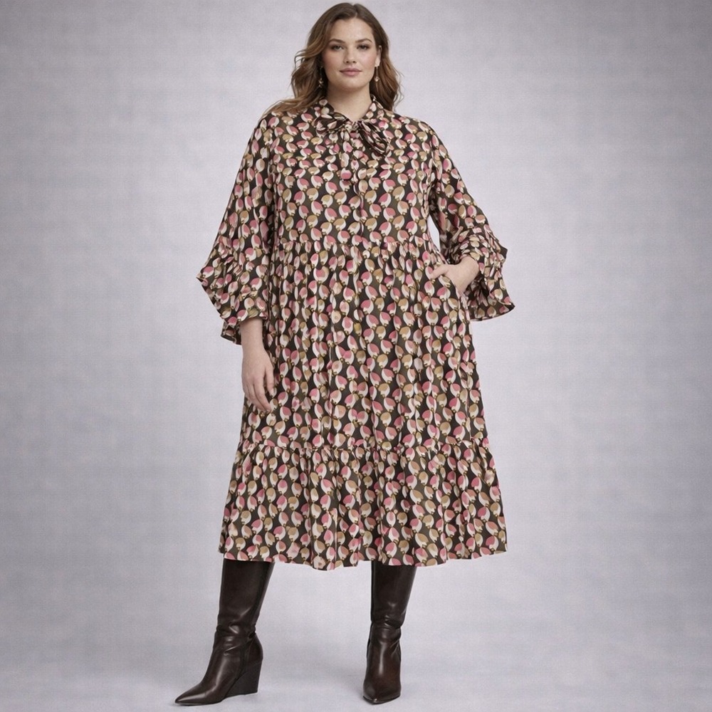 Boohoo Plus Size Floral Print‎ Tiered Midi Dress Ruffle Sleeve UK 28